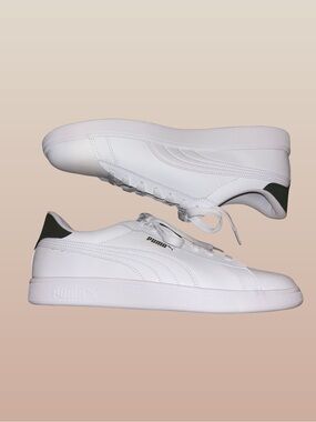 Puma Men’s Ace Court White Sneakers with Olive Green Heel Accent